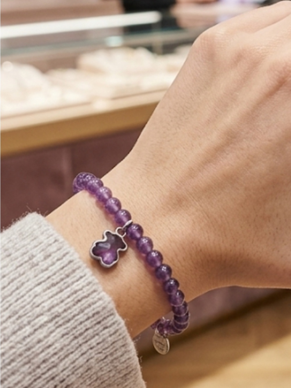 Tous Purple Beaded Bracelet with Bear Charm